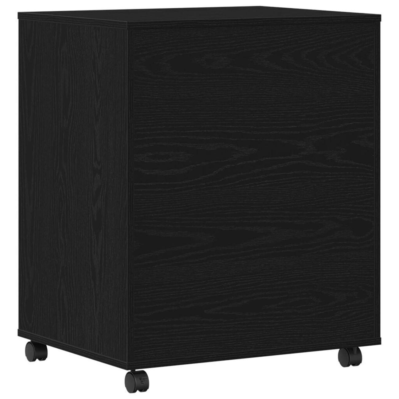 Ein schwarzer Holzschrank mit Rädern. Der Schrank ist quadratisch und kastenförmig.