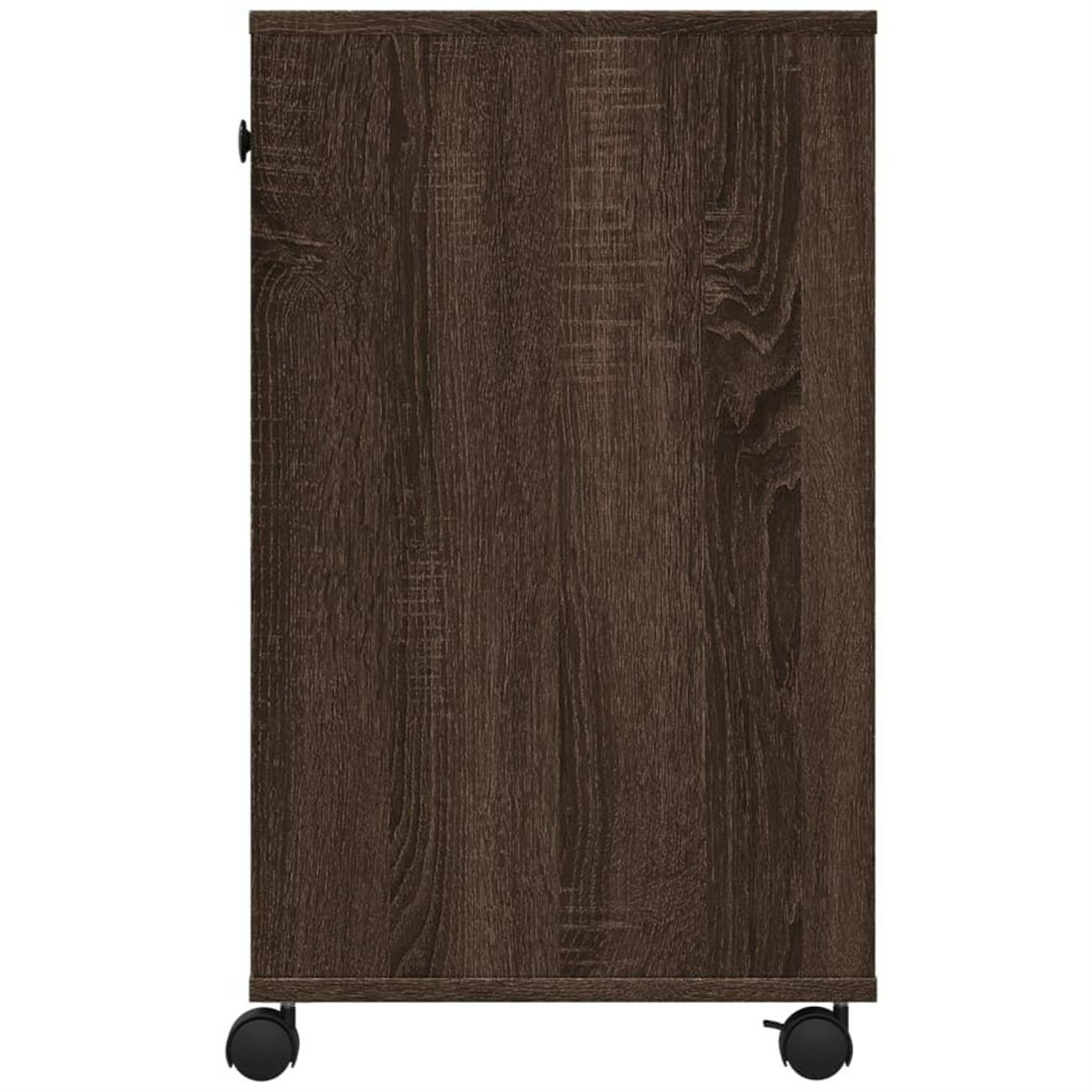 Ein brauner Holzschrank mit Tür und Rädern. Die Holzmaserung ist sichtbar.