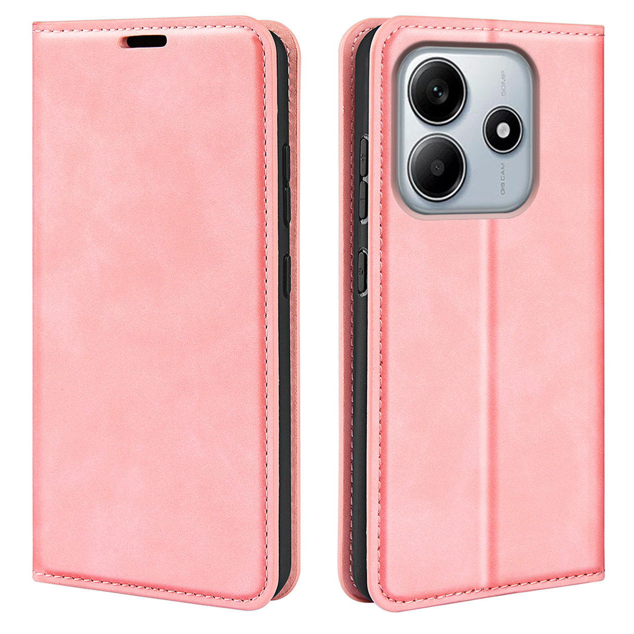 Roze telefoonhoes open, met een telefoon, de achterkant is zichtbaar.