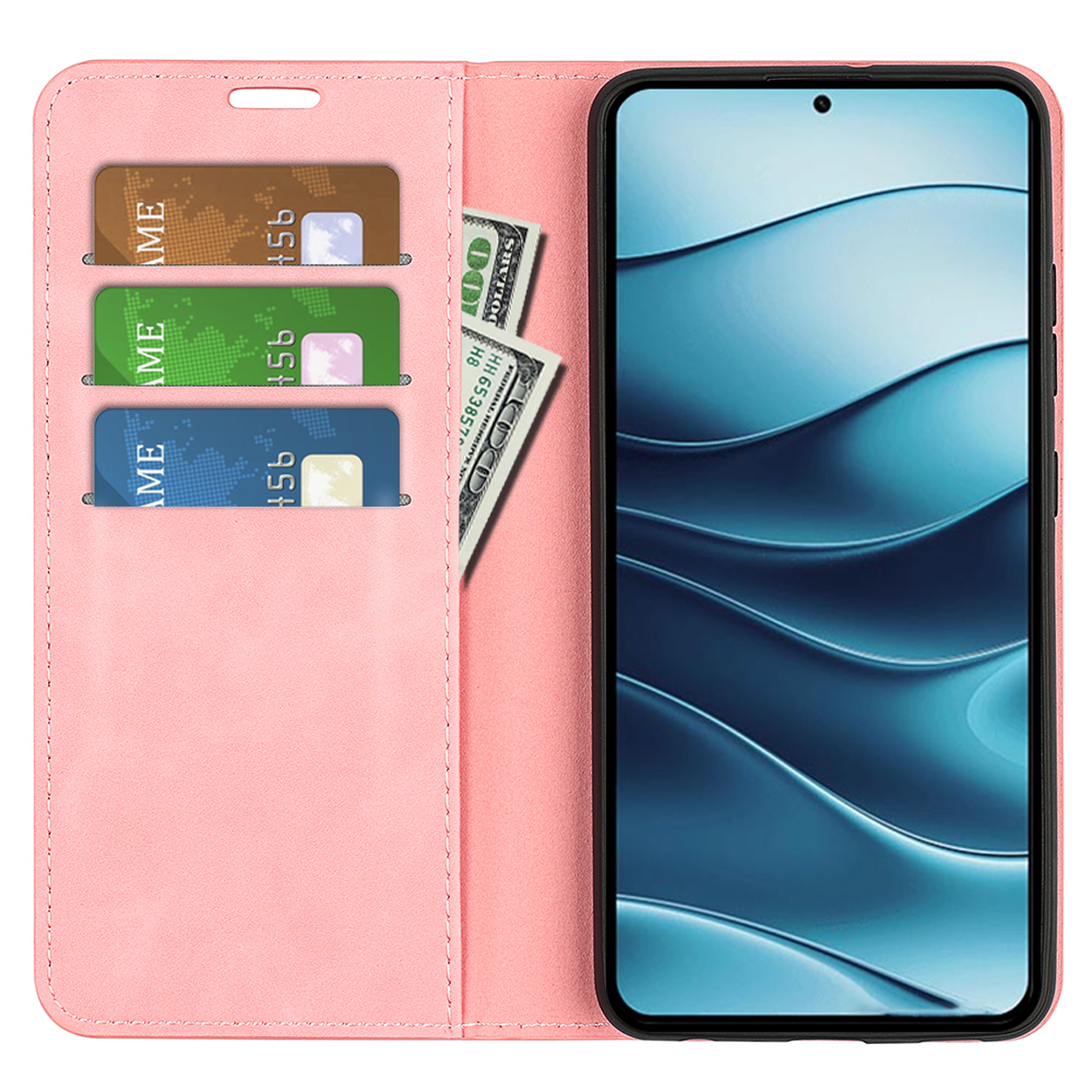 Roze telefoonhoes open met drie kaartsleuven en een biljet van 100 dollar.