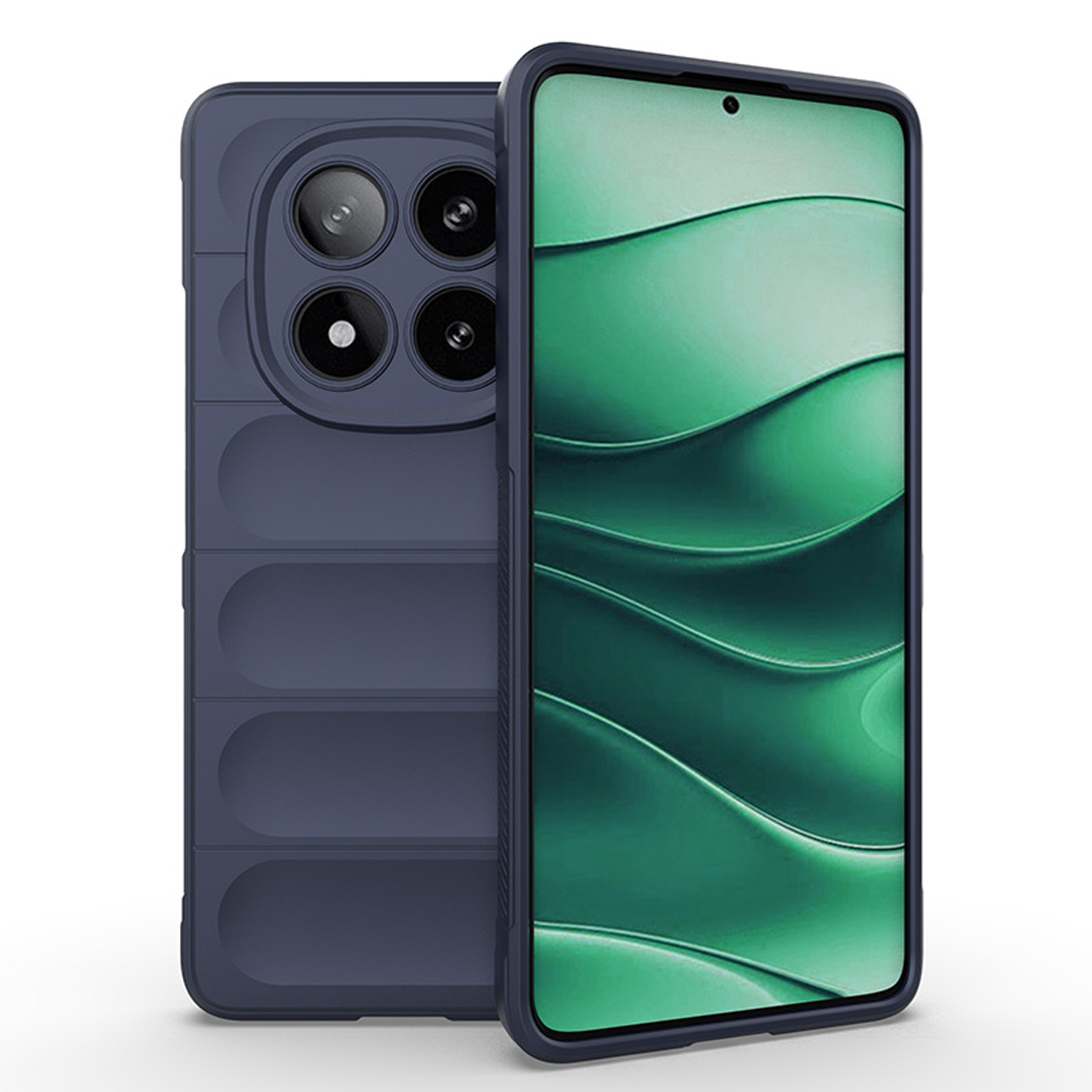Blauwe telefoonhoes met een telefoon erin. De hoes is blauw.