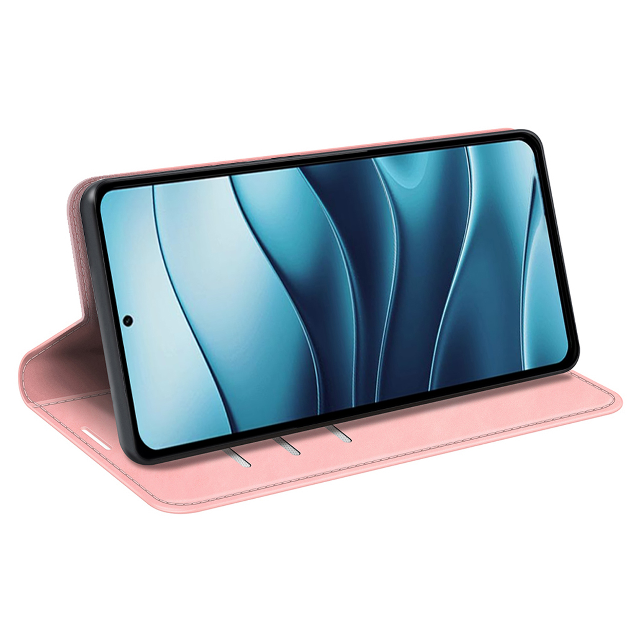Roze leren telefoonhoes met smartphone, interface met blauwe en witte kleuren.