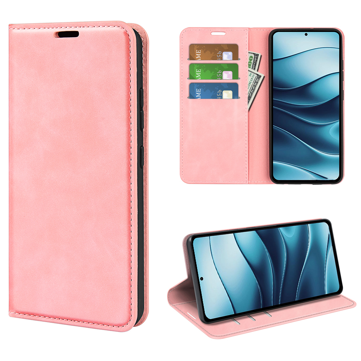 Roze telefoonhoes, open, met kaarten, contant geld en smartphone met interface.