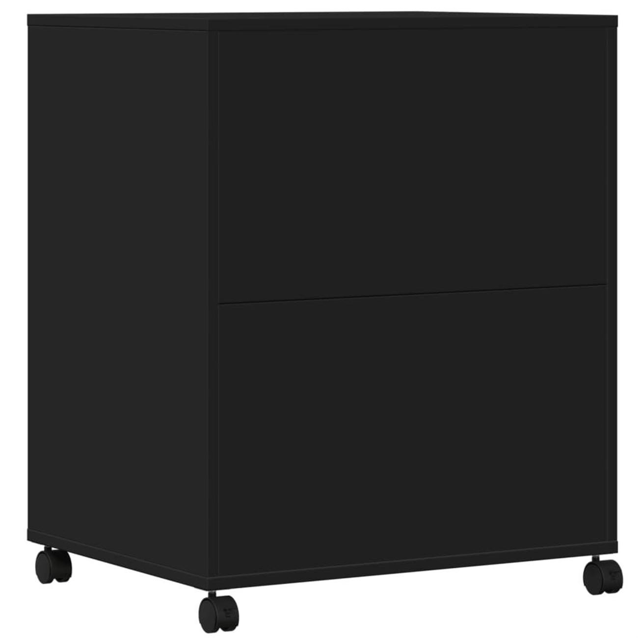 Schwarzer Schrank auf Rädern, zwei Türen, horizontale Linie in der Mitte. Einfaches Design.