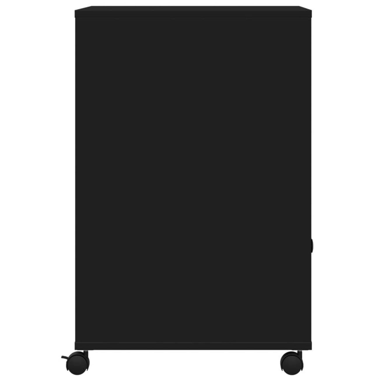 Schwarzer Schrank auf Rädern, geschlossene Tür, Seitenansicht. Einfaches, funktionales Design.