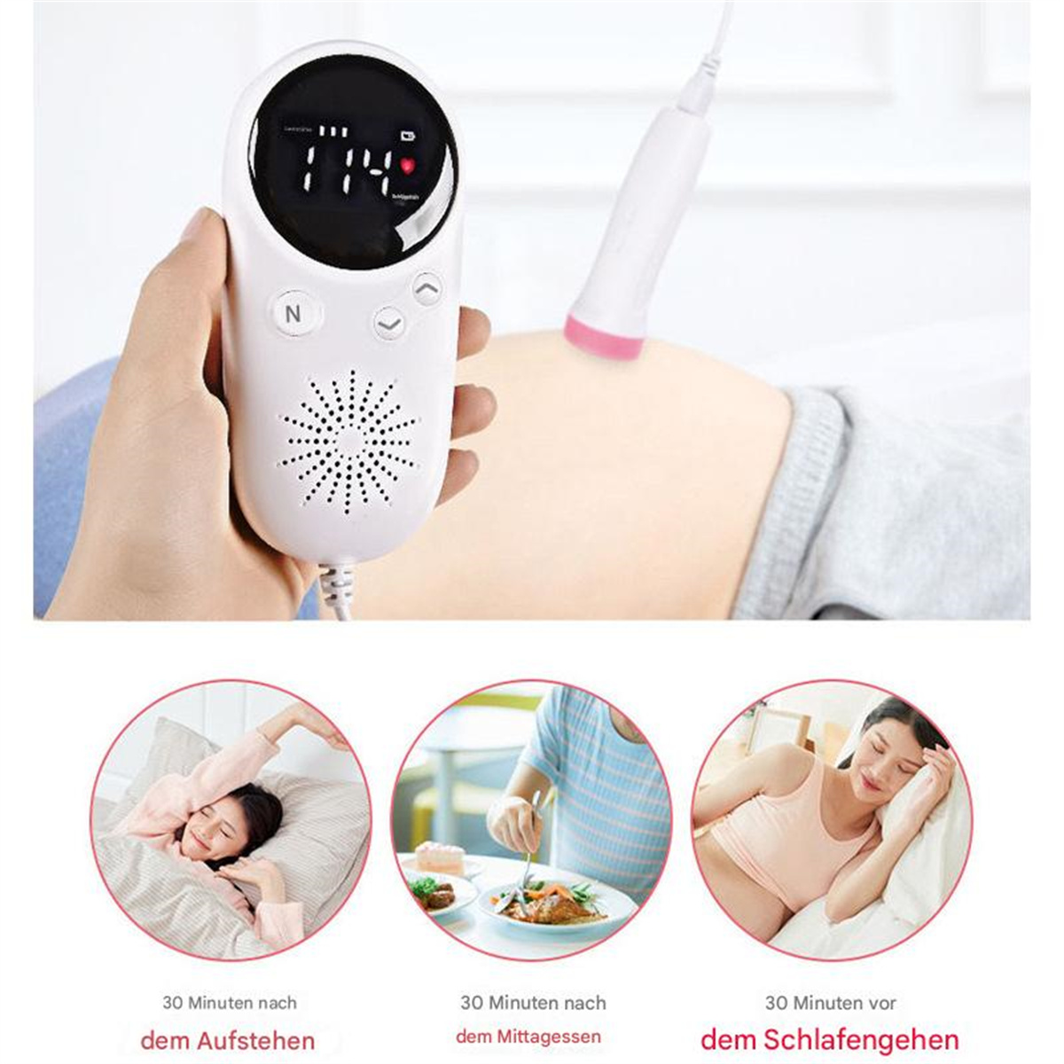Eine Person verwendet einen fetalen Doppler auf einem schwangeren Bauch. Drei Bilder unten.