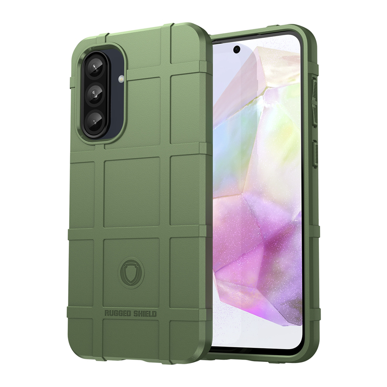 Coque verte avec téléphone. Design texturé. Fond blanc.