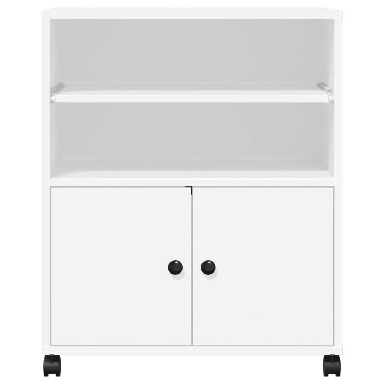Weißer Schrank mit Türen, zwei Regalen und schwarzen Griffen.