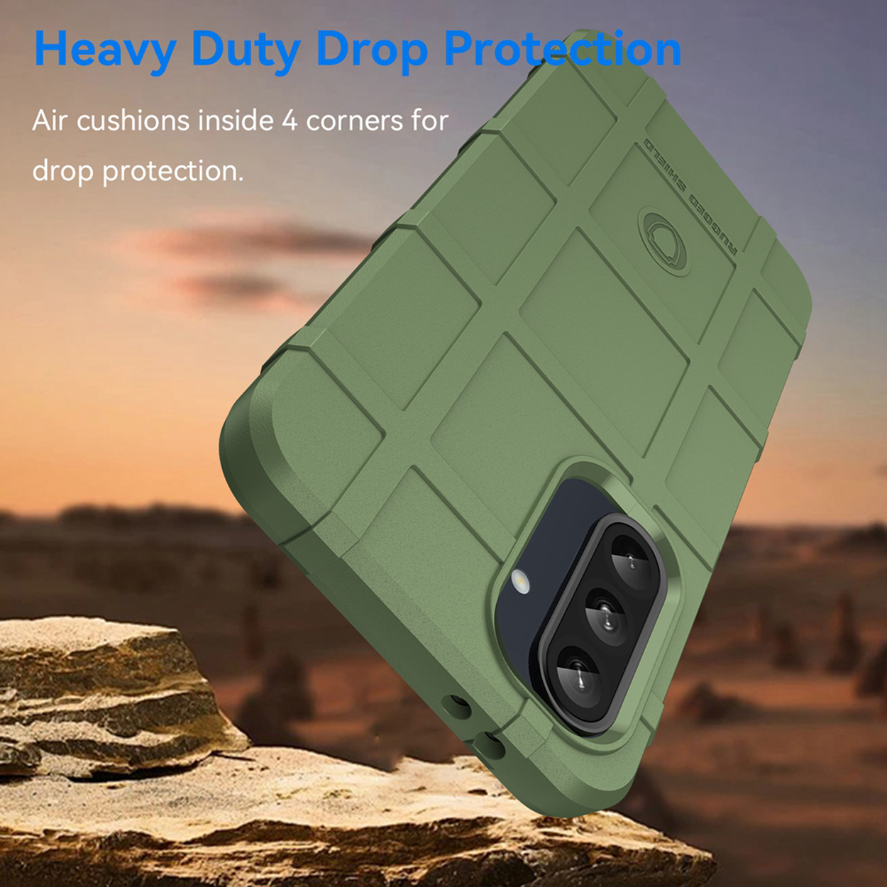 Coque de téléphone verte. Texte : Protection contre les chutes robustes. Coussins d'air aux 4 coins.