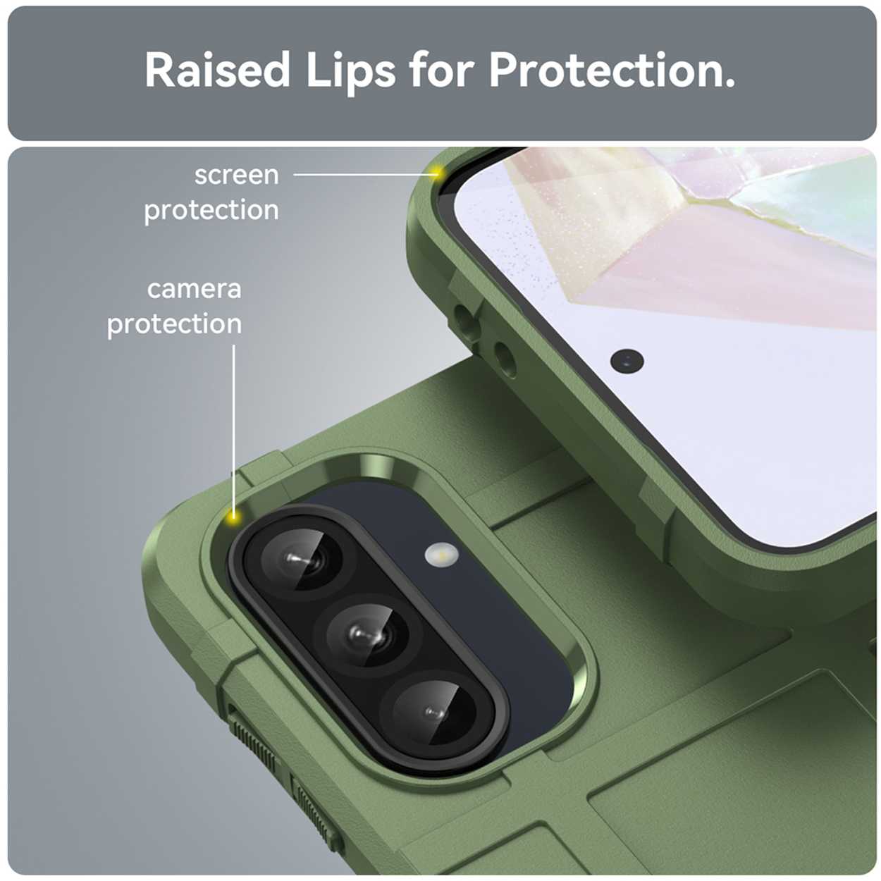 Coque verte avec téléphone. Bords surélevés pour la protection de l'écran et de la caméra.