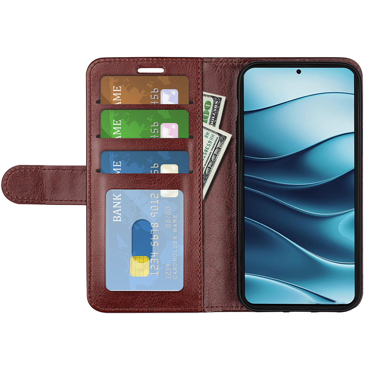 Bruine telefoonhoes open, met kaarten, geld en een telefoon. Het scherm toont een blauw abstract ontwerp.