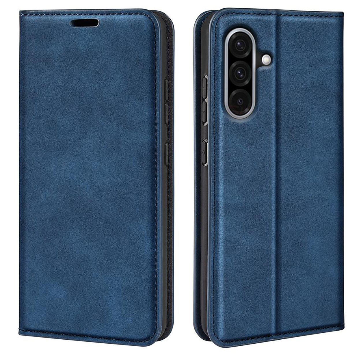 Étui de téléphone bleu, fermé et ouvert, montrant l'appareil photo et l'écran du téléphone.