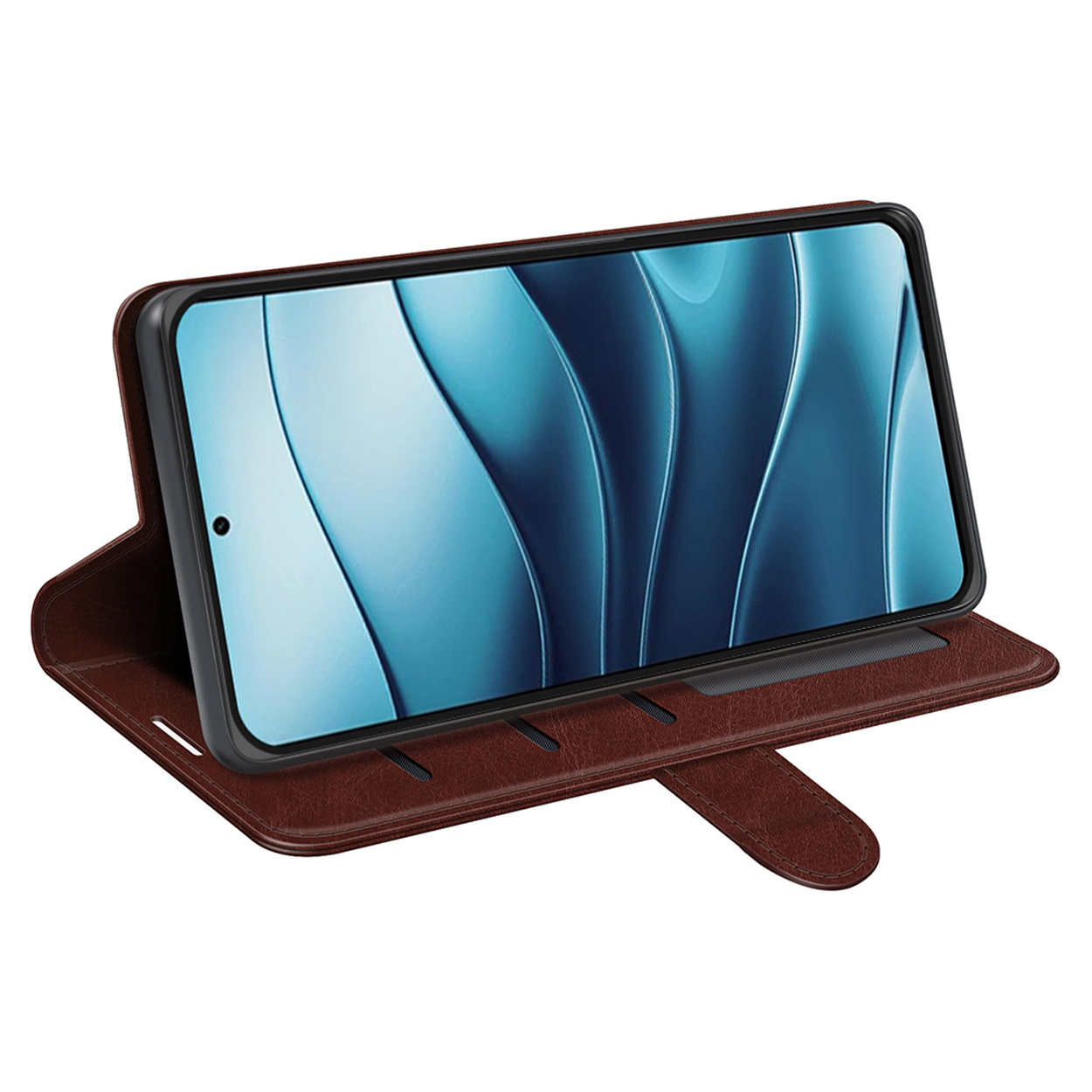 Open bruine telefoonhoes met een telefoon erin. Het scherm van de telefoon toont een blauw abstract ontwerp.