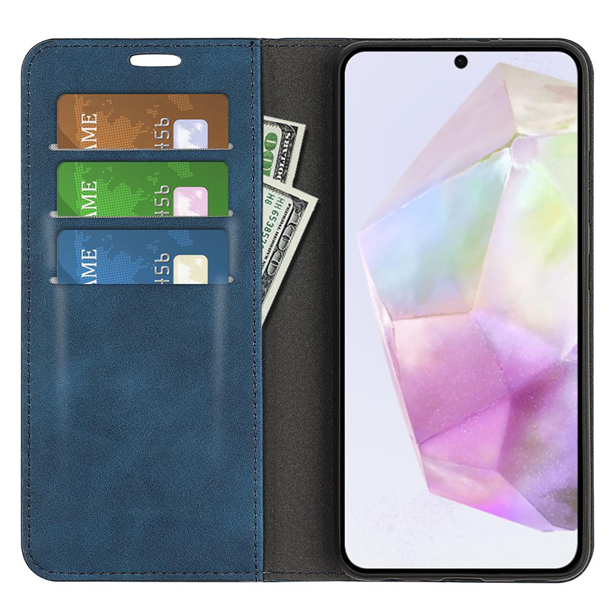 Étui de téléphone bleu ouvert, montrant cartes, argent et téléphone à affichage cristal.