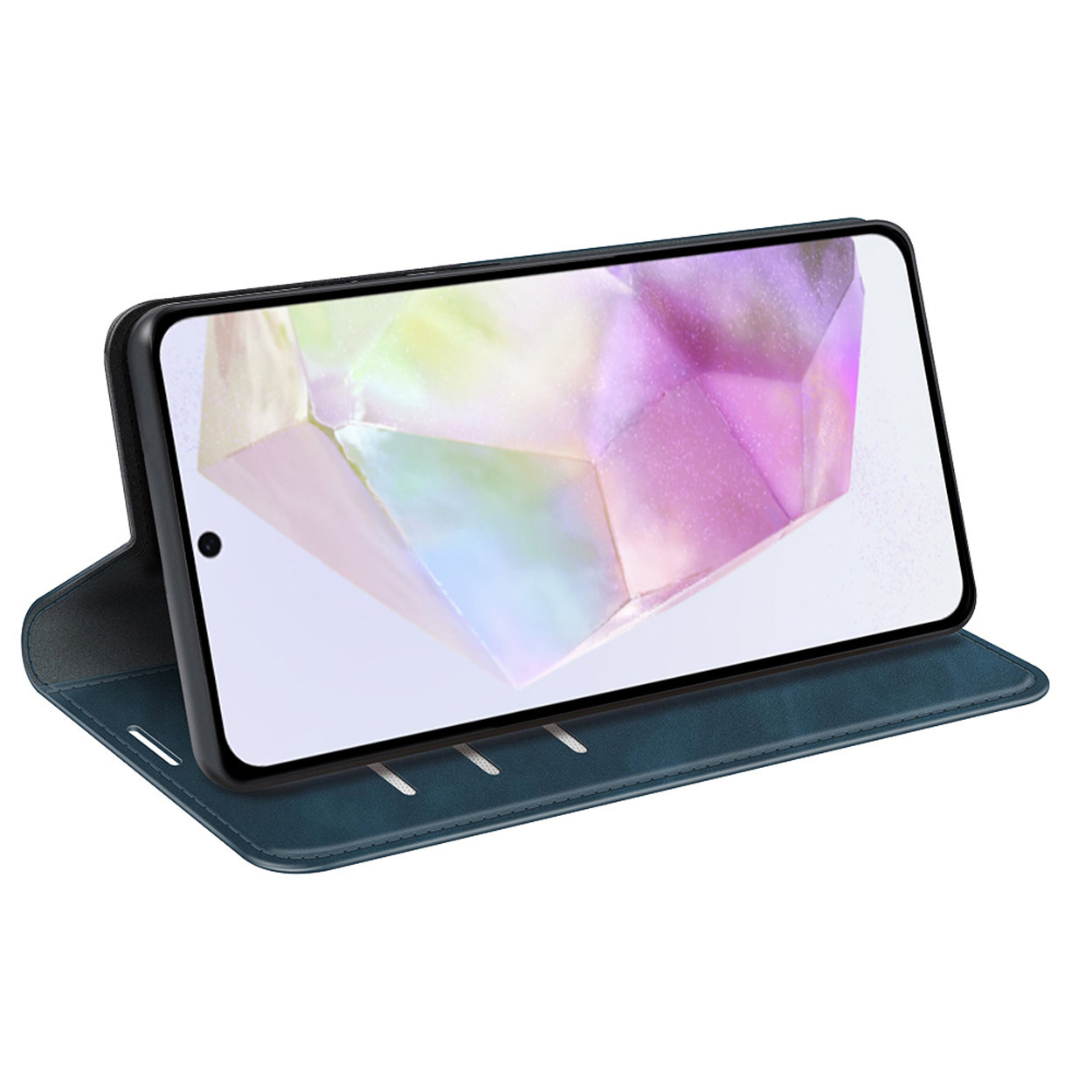 Étui de téléphone bleu ouvert avec un téléphone. L'écran affiche un motif géométrique abstrait avec des teintes roses.
