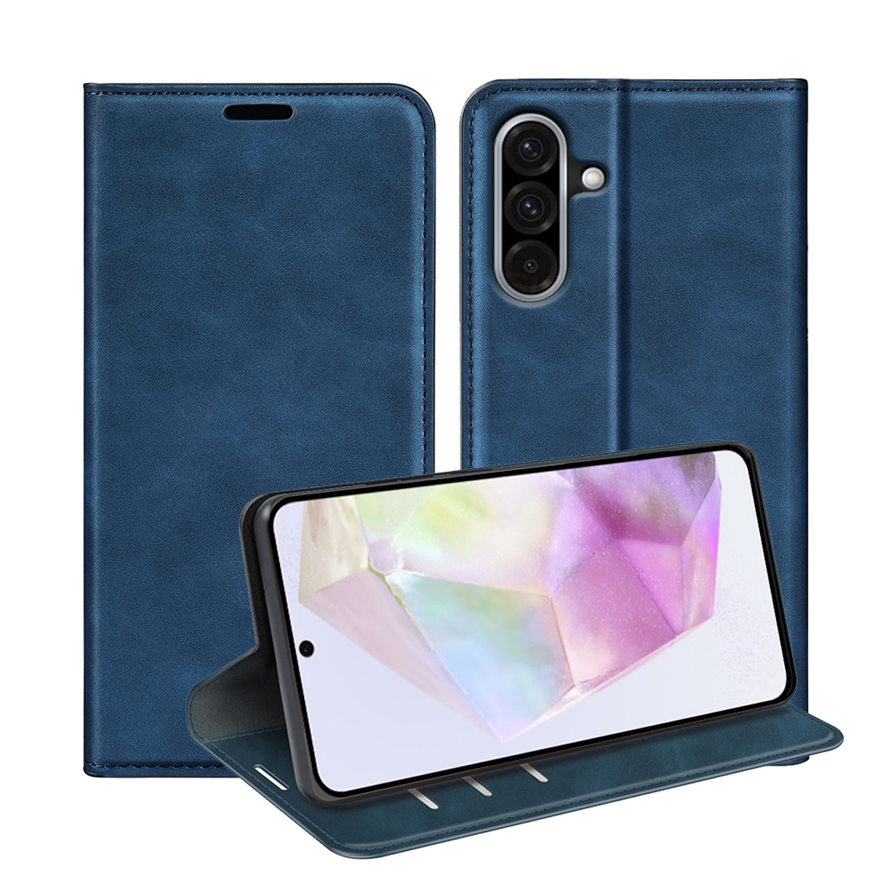 Étui de téléphone bleu, ouvert, montrant un téléphone avec un écran et un étui fermé.