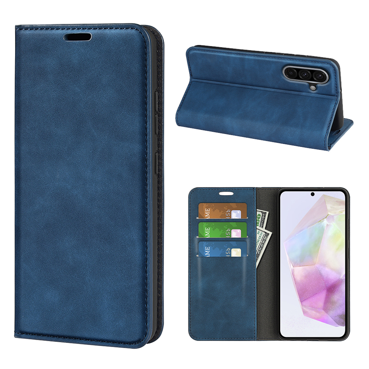Étui de téléphone bleu ouvert. Il contient un téléphone, des cartes et de l'argent. L'écran affiche un design géométrique.