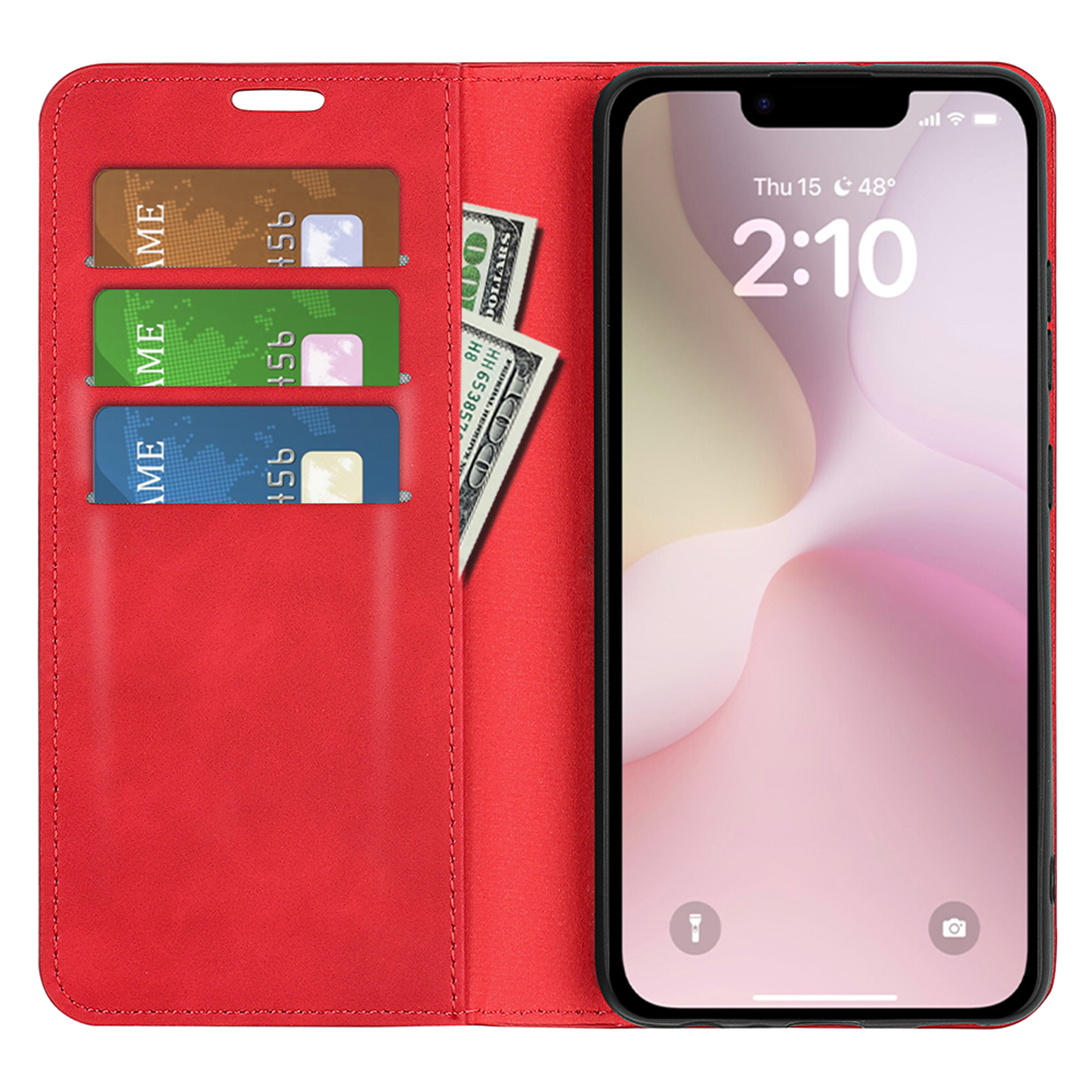 Red phone case open, with cards, money, and a phone with the time displayed.