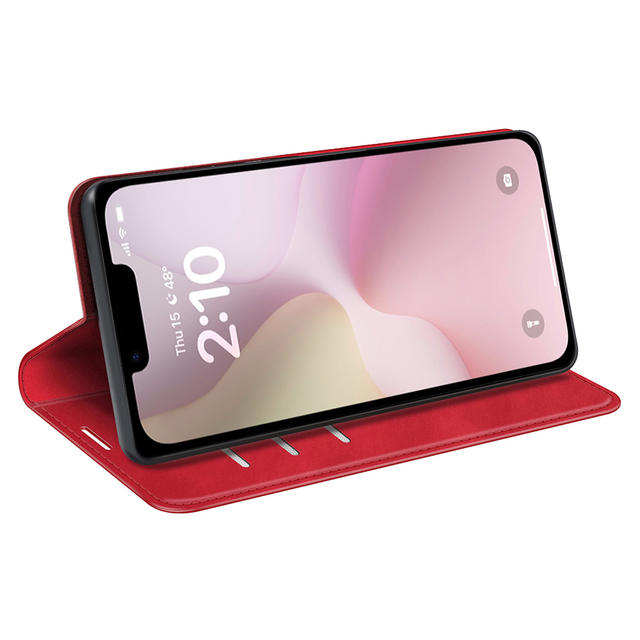 Red phone case with a phone. The phone shows the time 2:10 on the screen and a pink background.