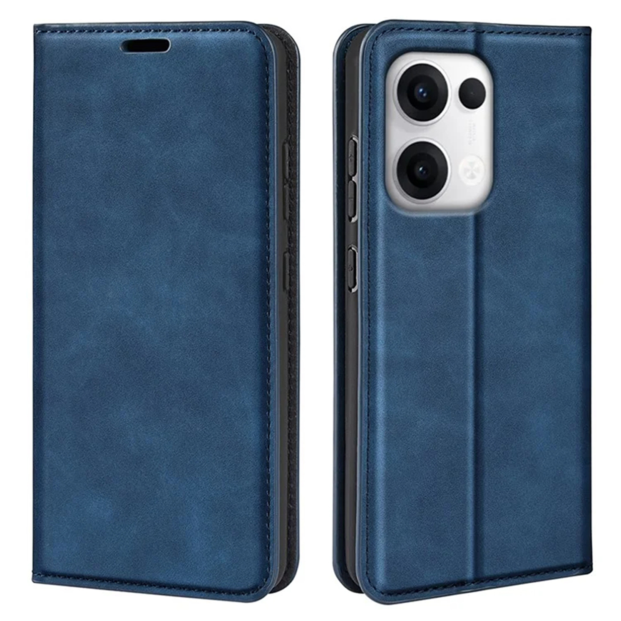 Étui de téléphone en cuir bleu, ouvert et fermé. L'étui fermé a une découpe pour l'appareil photo.