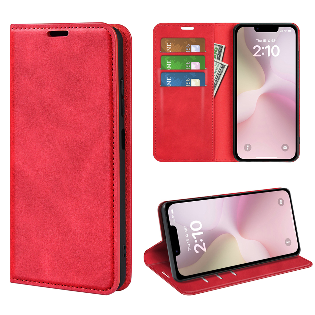 Red phone case open, holding a phone, cards, and money. The phone displays the time 2:10.