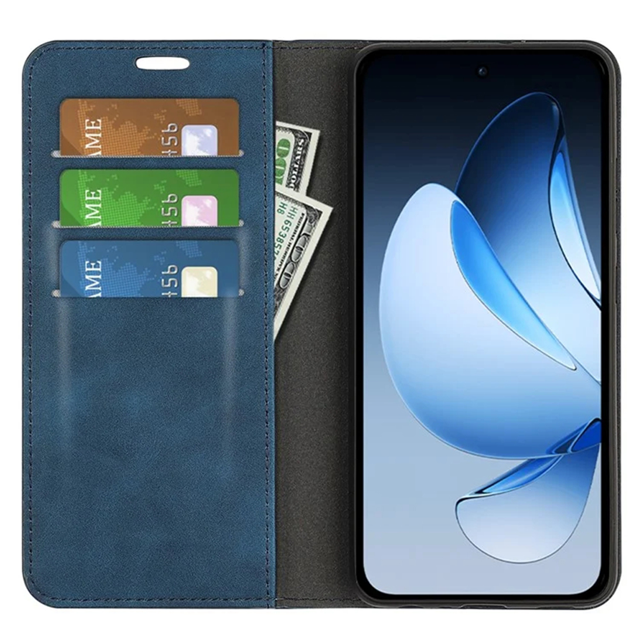 Étui de téléphone bleu ouvert contenant téléphone, cartes et argent. L'écran affiche un design abstrait bleu.