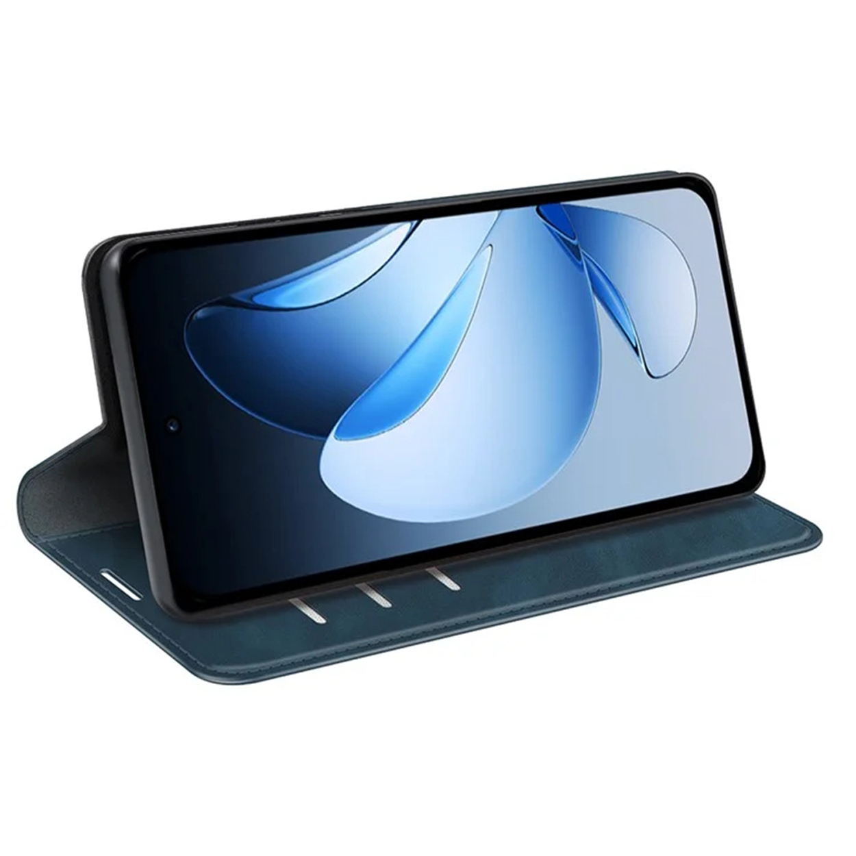 Étui de téléphone bleu ouvert avec un téléphone. L'écran affiche un motif abstrait bleu.