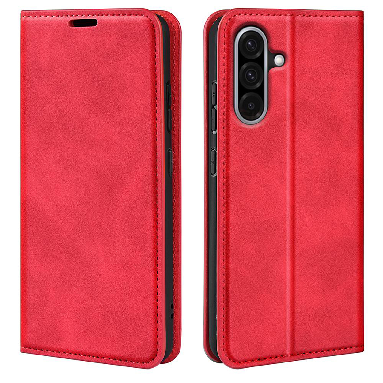 Étui de téléphone rouge fermé. Deux côtés, avant et arrière.