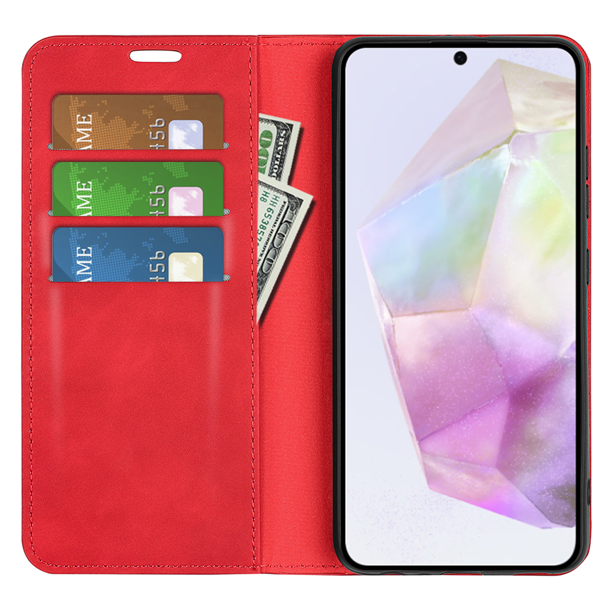 Étui de téléphone rouge, ouvert, contenant un téléphone, des cartes et de l'argent. Le téléphone affiche un motif rose et blanc.
