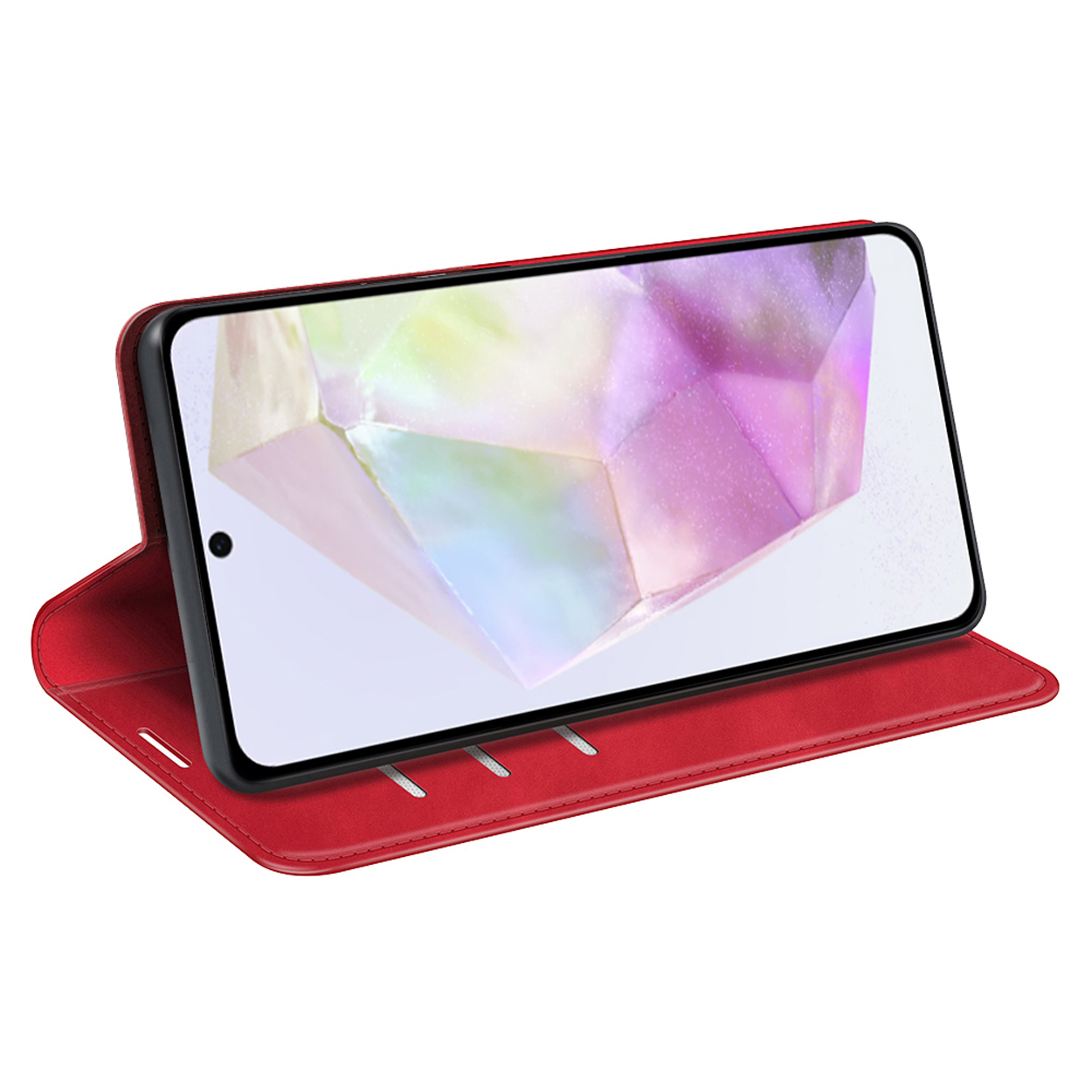 Étui de téléphone rouge ouvert avec un téléphone à l'intérieur, montrant un graphique.