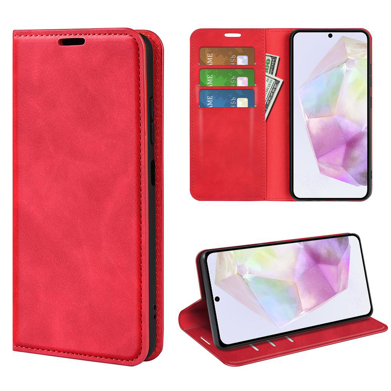 Étui de téléphone rouge ouvert avec cartes, argent et un téléphone affichant un graphique.