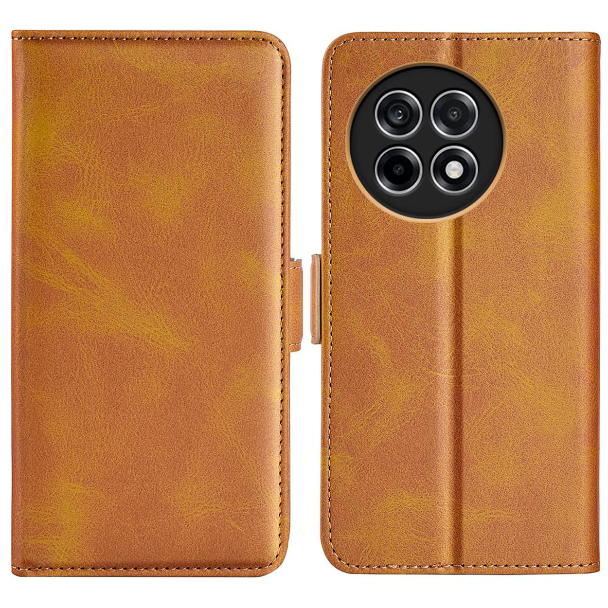 Étui de téléphone en cuir marron, ouvert et fermé. L'étui fermé a une découpe pour l'appareil photo.