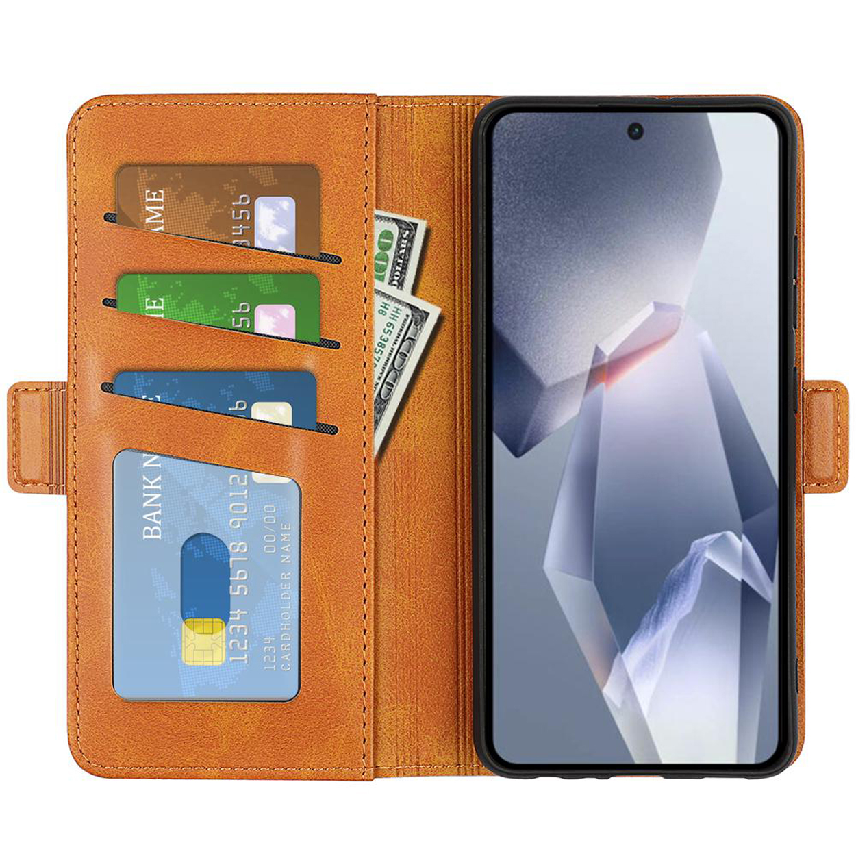 Étui orange ouvert avec téléphone, cartes et argent. L'écran affiche un motif géométrique.
