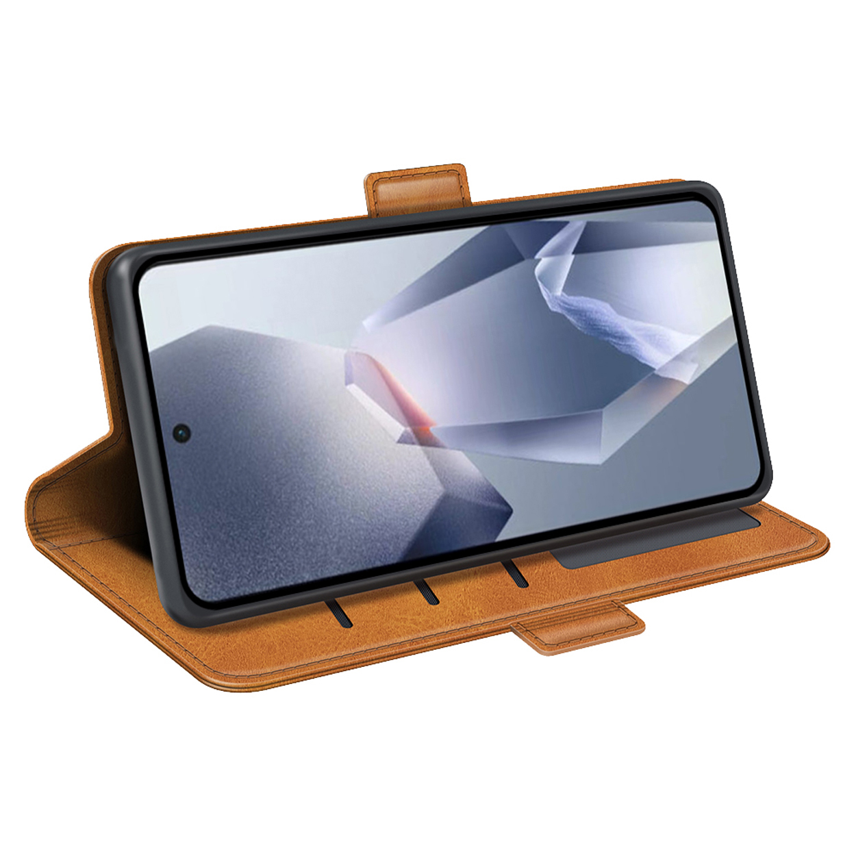 Étui de téléphone marron ouvert avec un téléphone à l'intérieur, montrant un graphique.