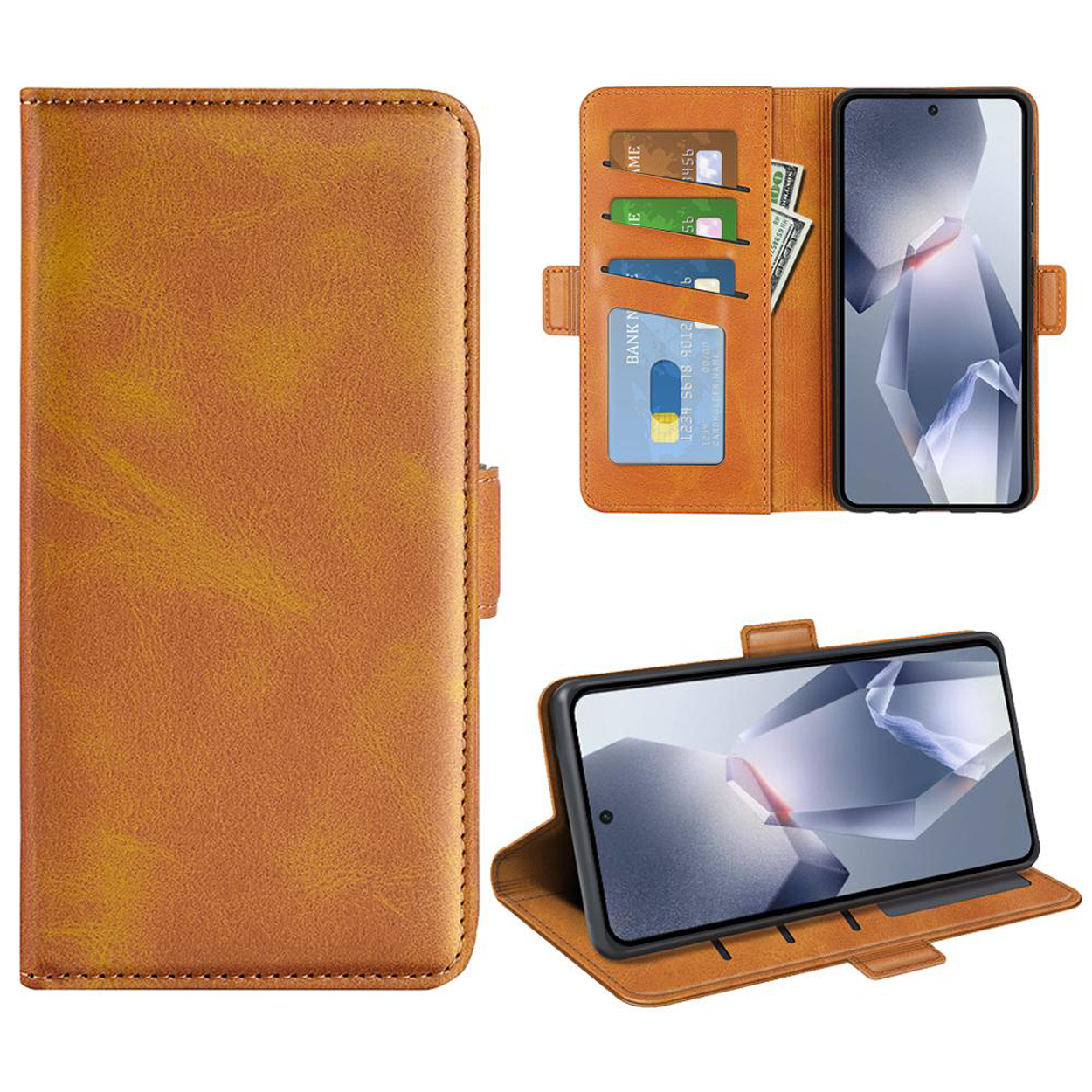Étui de téléphone en cuir marron ouvert avec téléphone, cartes et argent à l'intérieur. Fond blanc.