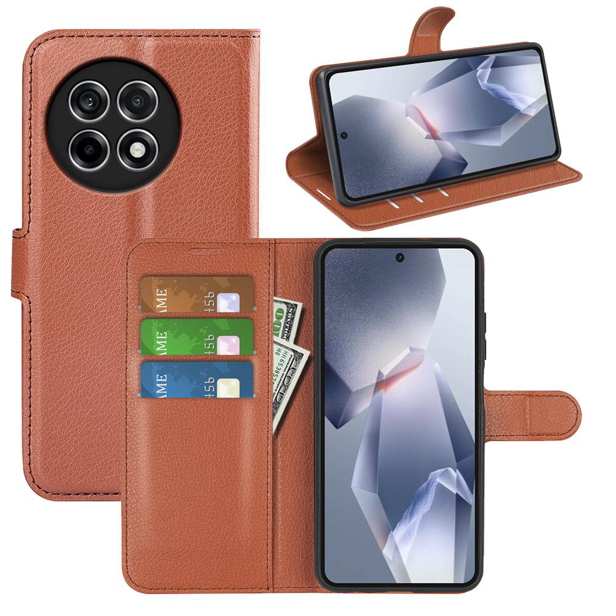 Étui de téléphone en cuir marron, ouvert avec téléphone, cartes et argent. Plusieurs vues. Fond blanc.
