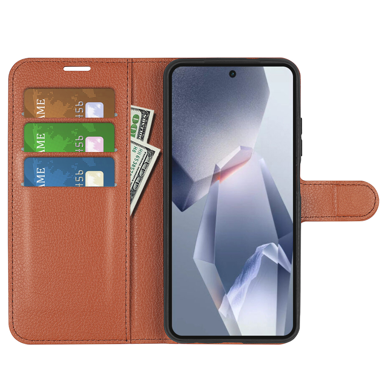 Étui de téléphone en cuir marron ouvert avec cartes, argent et un téléphone affichant un graphique.