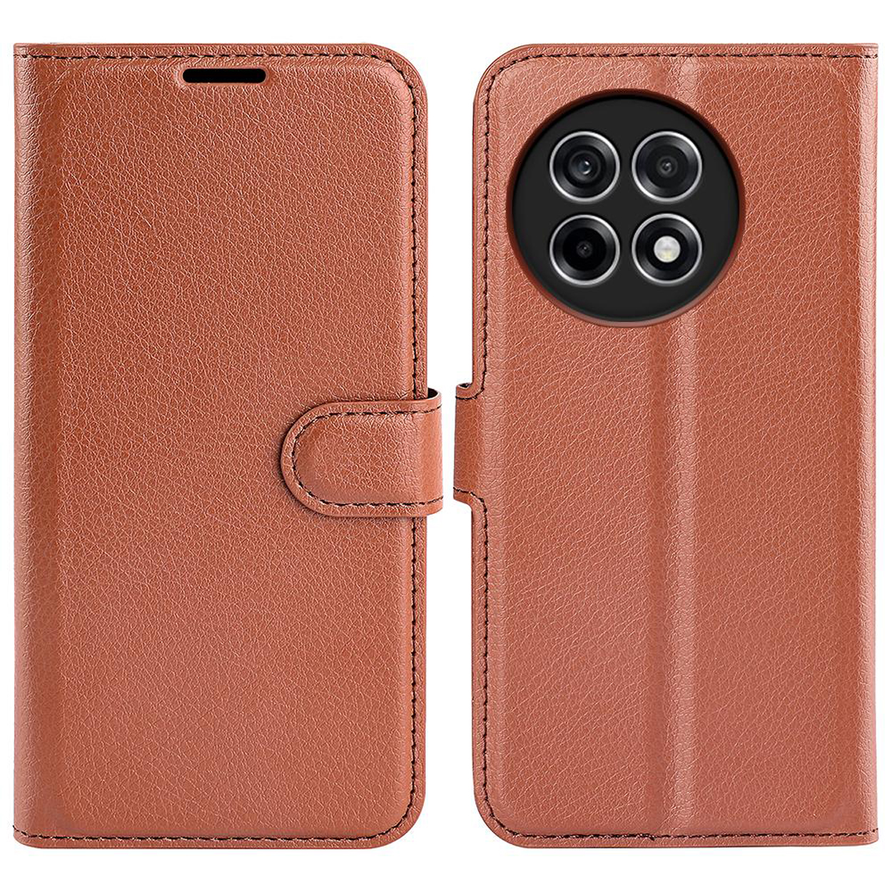 Étui de téléphone en cuir marron fermé et ouvert. Fond blanc.