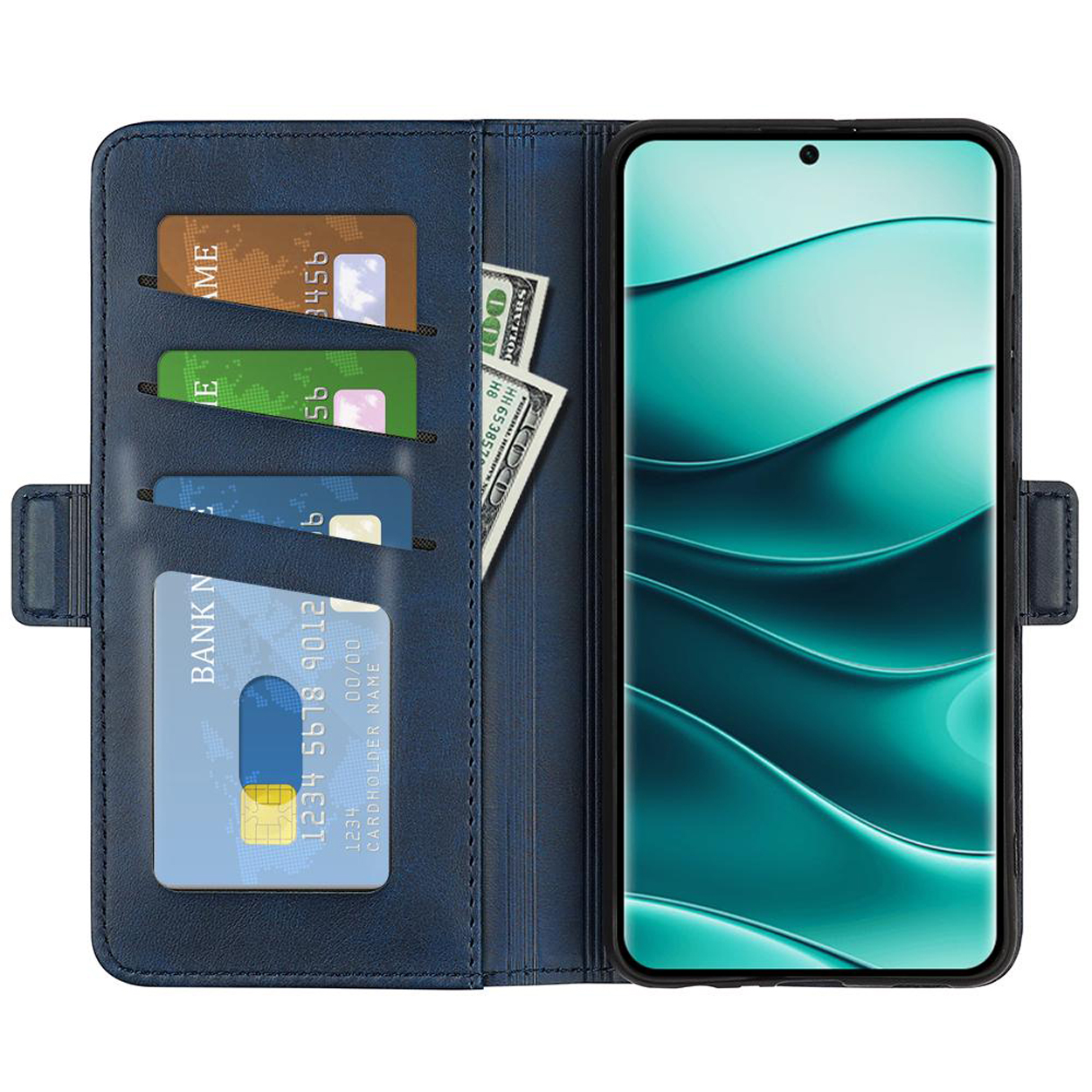 Blauwe leren telefoonhoes open met telefoon, kaarten en geld. Witte achtergrond.