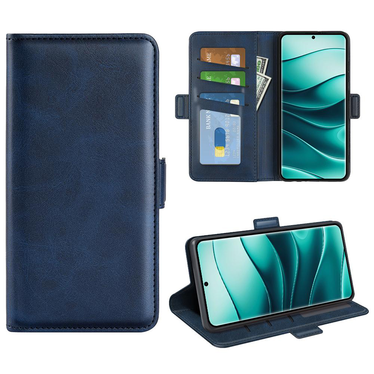Blauwe leren telefoonhoes open met telefoon, kaarten en geld. Meerdere weergaven. Witte achtergrond.