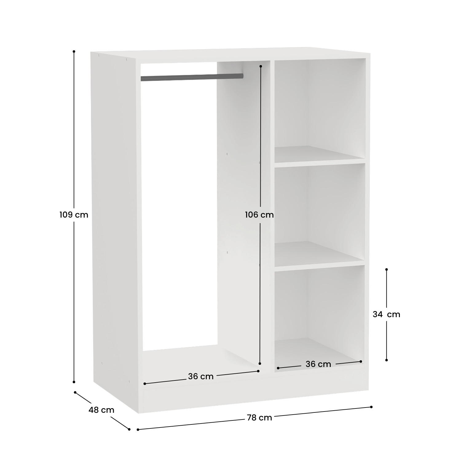 Armario blanco con estantes, una barra y dimensiones indicadas. El armario está en una habitación blanca.