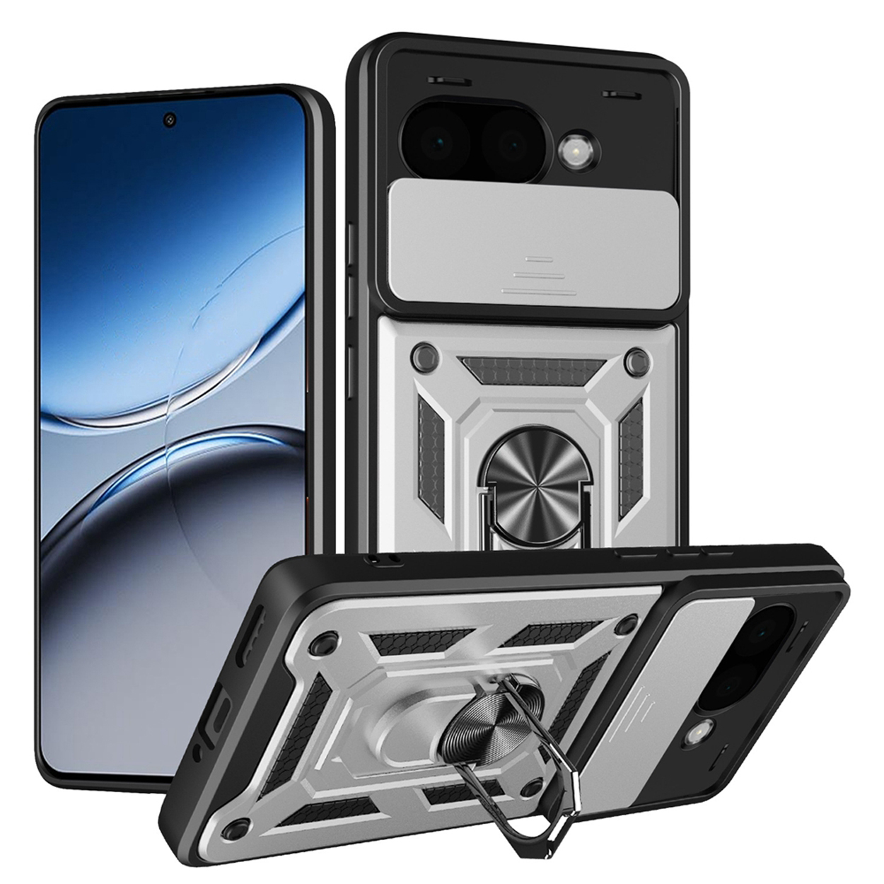 Drie telefoonhoesjes, één met een telefoon, zilver en zwart. De hoesjes hebben een ringhouder.