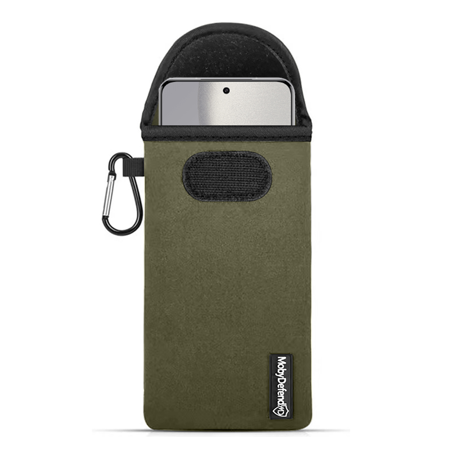Olijfgroene telefoonhoes met een telefoon erin. De hoes heeft een zwarte bovenkant en een zilveren clip.