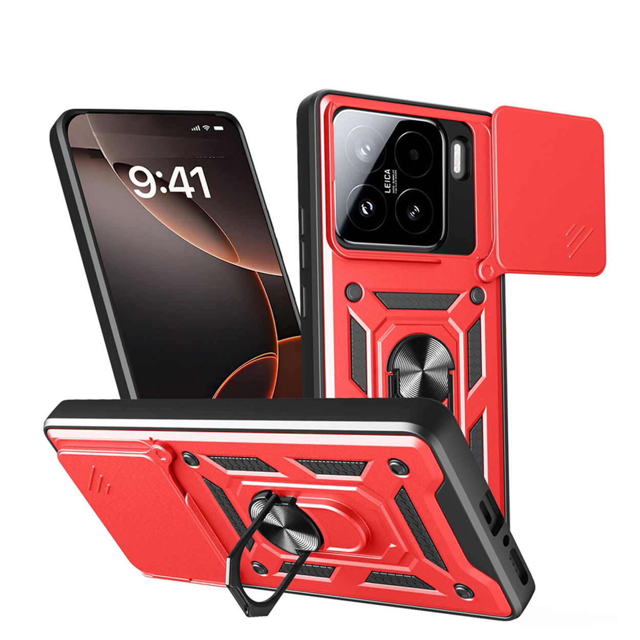 Coque de téléphone rouge avec cache caméra et un téléphone avec écran noir et bord blanc.
