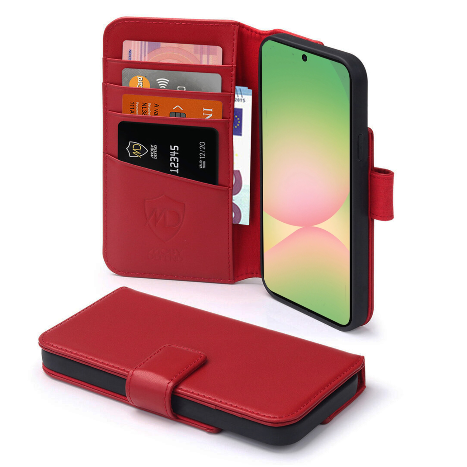 Rode leren telefoonhoes, open. Inclusief kaarten en geld. Groene en gele telefoon binnenin.