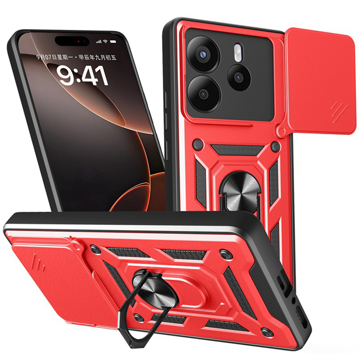 Rode telefoonhoes met ring, telefoon en hoes getoond.