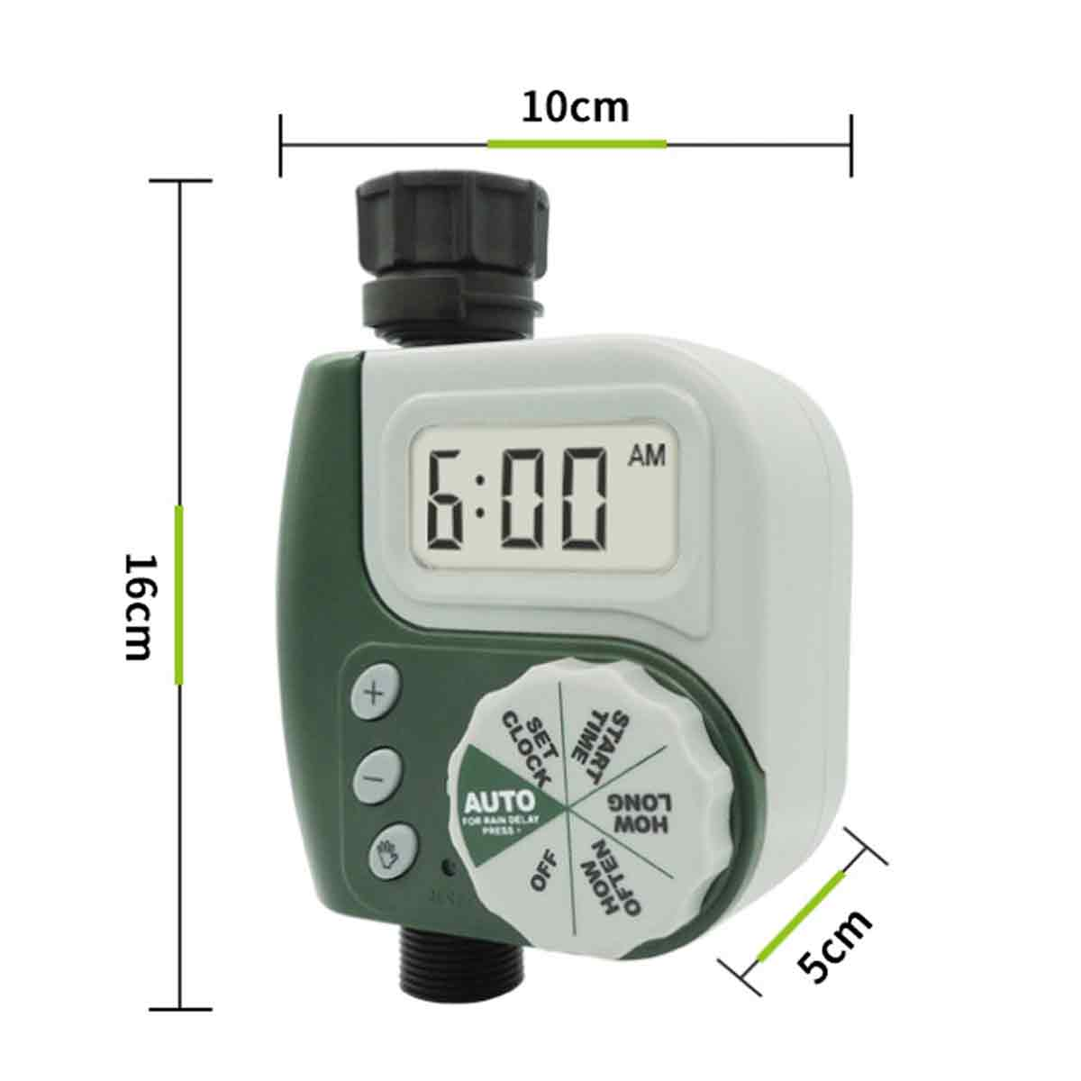 Grüner und weißer digitaler Timer mit Abmessungen von 10cm x 16cm x 5cm, Einstellung 6:00 Uhr morgens.