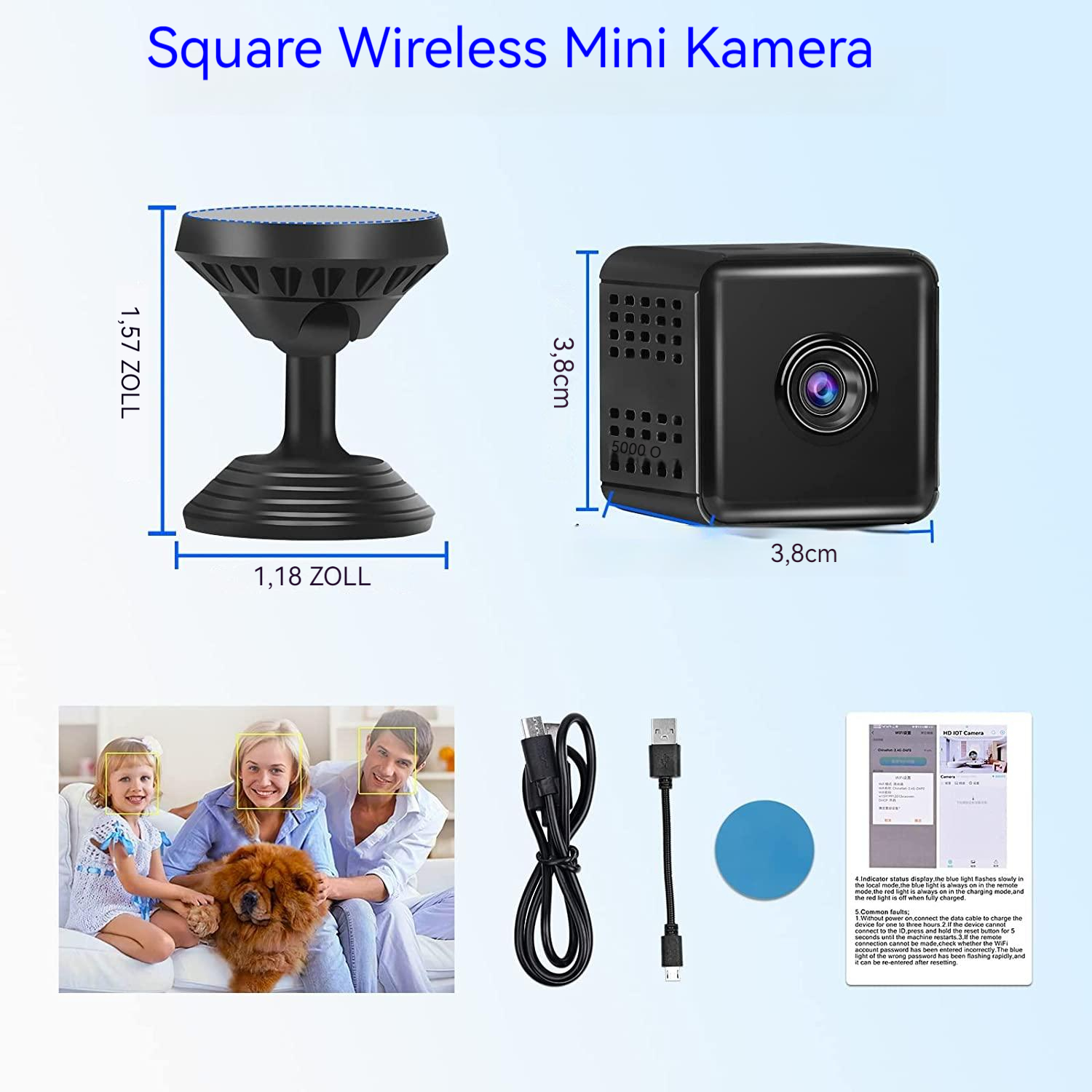 Eine schwarze drahtlose Mini-Kamera und Zubehör. Die Kamera steht auf einem Ständer. Abmessungen sind in Zoll und cm angegeben.