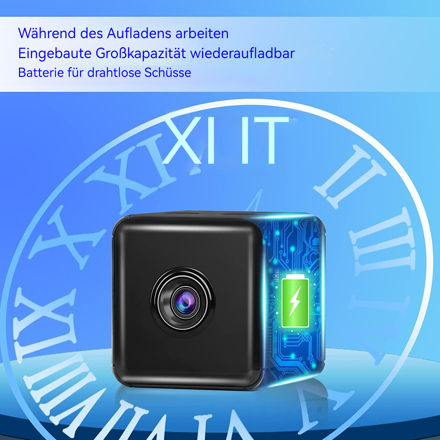 Kleine schwarze Überwachungskamera mit Ladeanzeige, mit Uhrhintergrund; Akkulaufzeit.