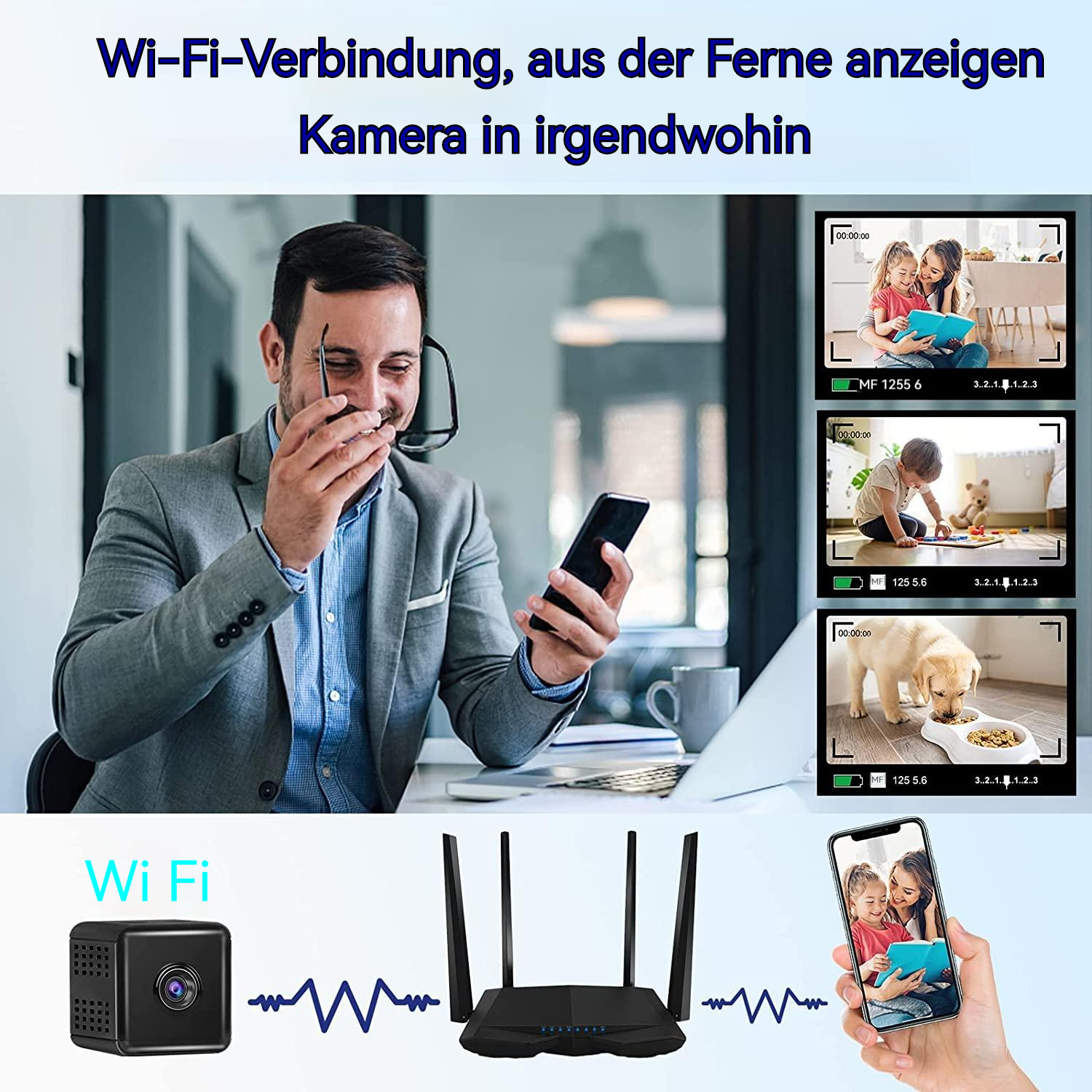 Mann hält ein Telefon, zeigt eine Remote-Kameraansicht.